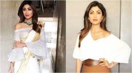 Shilpa Shetty Kundra, Shilpa Shetty Kundra latest photos, Shilpa Shetty Kundra fashion, Shilpa Shetty Kundra kasavu sari, Shilpa Shetty Kundra skirt over dress, Shilpa Shetty Kundra trendy clothes, indian express, indian express news