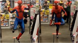 spiderman dances in supermarket, supermarket spiderman dance, crazy dances moves by spiderman, dancing spiderman, spiderman dancing in public
