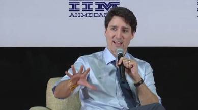 Canadian Prime Minister Justin Trudeau at IIM-Ahmedabad on Monday. (Photo: Twitter/ANI)
