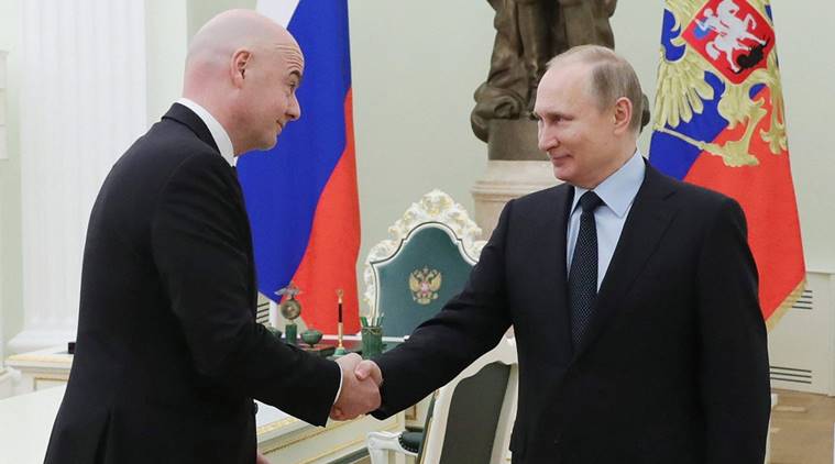 Vladimir Putin, Vladimir Putin Russia, Russia Vladimir Putin, Gianni Infantino, Gianni Infantino FIFA, World Cup 2018, sports news, football, Indian Express