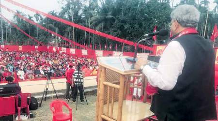 Sitaram Yechury addresses a gathering in Kalyanpur, East Tripura. (Express Photo: Esha Roy)
