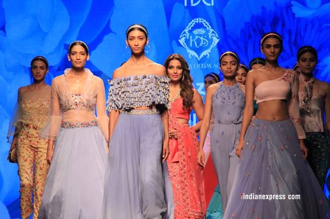Amazon Fashion Week, Bipasha Basu, Amazon Fashion Week Karishma Sondhi, Karishma Sondhi latest designs, Karishma Sondhi Autumn winter collection, indian express, indian express news