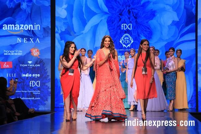 Amazon Fashion Week, Bipasha Basu, Amazon Fashion Week Karishma Sondhi, Karishma Sondhi latest designs, Karishma Sondhi Autumn winter collection, indian express, indian express news