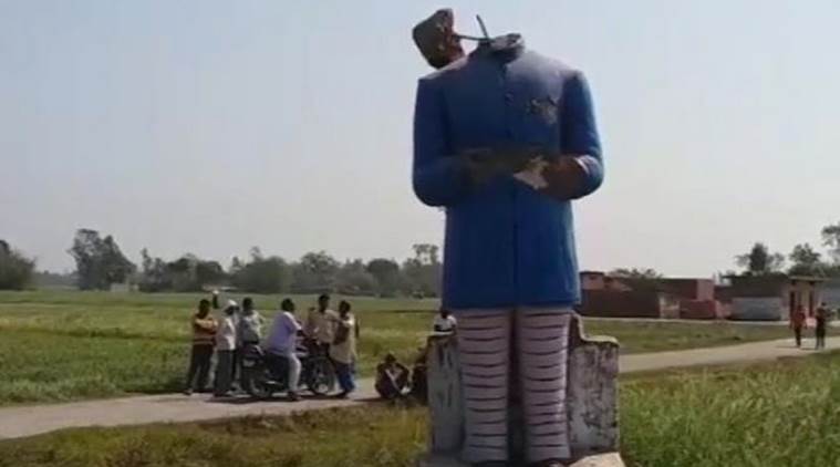 The statue of Ambedkar installed in Rajapatti village under Captanganj police station area was found vandalised on Saturday morning. (Photo: Twitter/ANI)