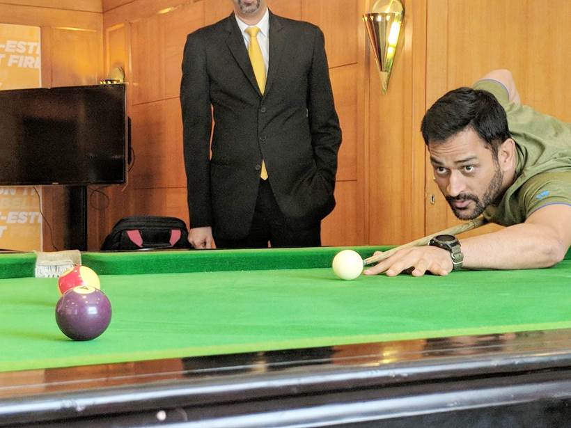 MS Dhoni playing a game of pool at CSK camp.