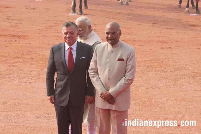 king abdullah photos, jordan king images, abdullah 2 india visit pics, king abdullah modi meet images, jordan kind prez kovind images, rashtrapati bhavan, ceremonial welcome, guard of honour, indian express