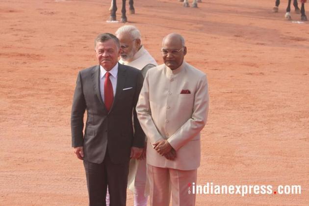 king abdullah photos, jordan king images, abdullah 2 india visit pics, king abdullah modi meet images, jordan kind prez kovind images, rashtrapati bhavan, ceremonial welcome, guard of honour, indian express
