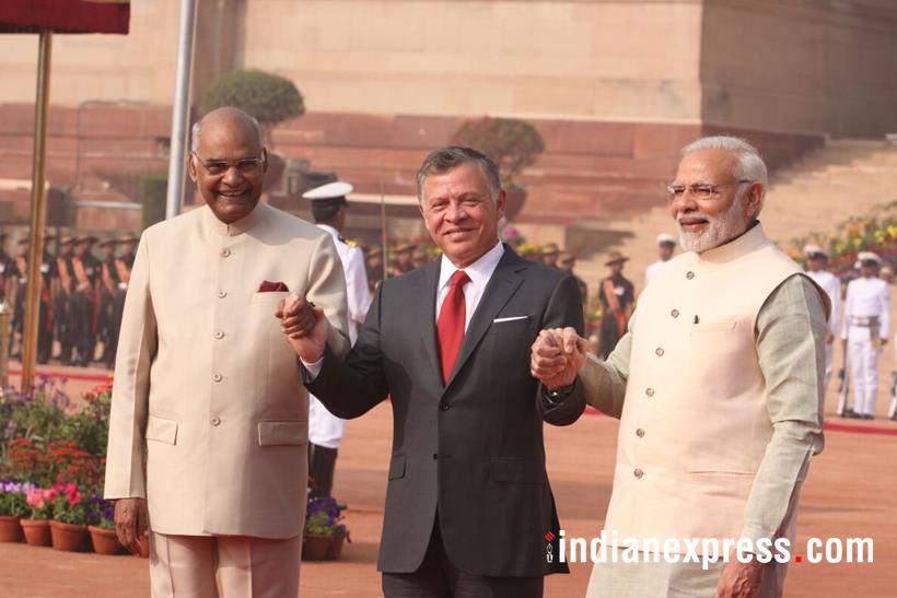 king abdullah photos, jordan king images, abdullah 2 india visit pics, king abdullah modi meet images, jordan kind prez kovind images, rashtrapati bhavan, ceremonial welcome, guard of honour, indian express