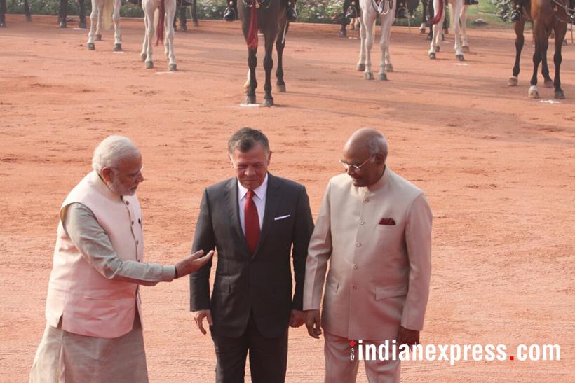 king abdullah photos, jordan king images, abdullah 2 india visit pics, king abdullah modi meet images, jordan kind prez kovind images, rashtrapati bhavan, ceremonial welcome, guard of honour, indian express