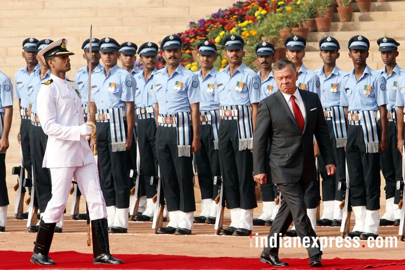 king abdullah photos, jordan king images, abdullah 2 india visit pics, king abdullah modi meet images, jordan kind prez kovind images, rashtrapati bhavan, ceremonial welcome, guard of honour, indian express