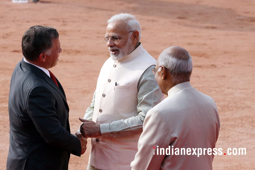 king abdullah photos, jordan king images, abdullah 2 india visit pics, king abdullah modi meet images, jordan kind prez kovind images, rashtrapati bhavan, ceremonial welcome, guard of honour, indian express
