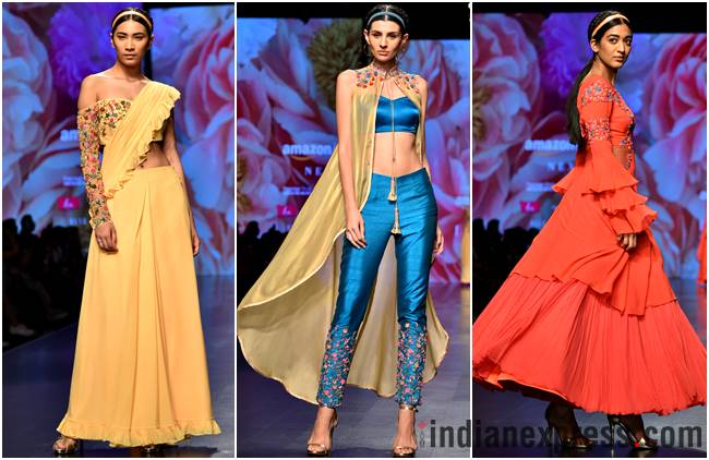 Amazon Fashion Week 2018, AIFW 2018, Bipasha Basu, Kartik Aaryan, Rahul Singh, Saaj by Ankita, Pawan Sachdeva, Pearl Academy, Amazon Fashion Week Karishma Sondhi, Karishma Sondhi latest designs, Karishma Sondhi Autumn winter collection, indian express, indian express news