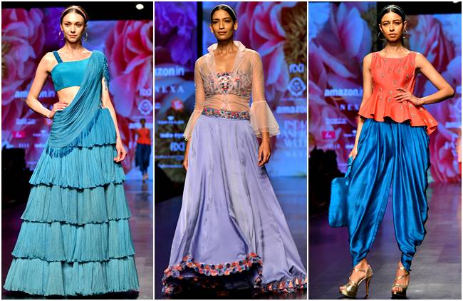 Amazon Fashion Week 2018, AIFW 2018, Bipasha Basu, Kartik Aaryan, Rahul Singh, Saaj by Ankita, Pawan Sachdeva, Pearl Academy, Amazon Fashion Week Karishma Sondhi, Karishma Sondhi latest designs, Karishma Sondhi Autumn winter collection, indian express, indian express news