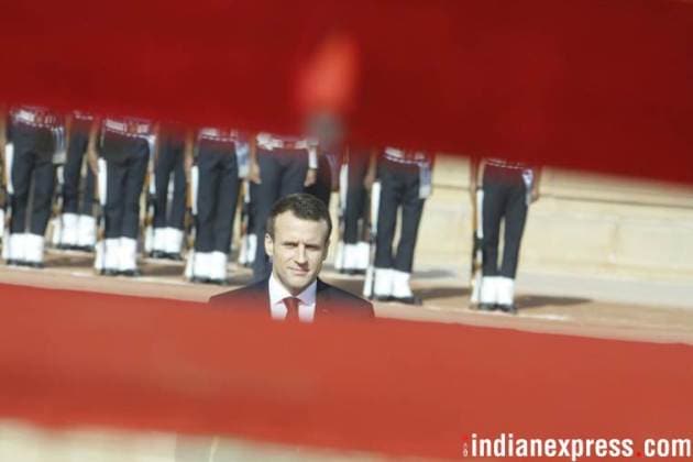 Macron in India, French President, Macron in India photos, French President images, Macron ceremonial reception, Macron Modi photos, Narendra Modi, India France ties, Indian Express