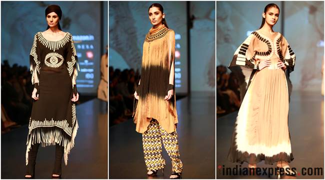 Amazon Fashion Week 2018, AIFW 2018, Bipasha Basu, Kartik Aaryan, Malini Ramani, Nikasha, Nitin Bal Chauhan, Rahul Singh, Pallavi Mohan, Rohit Kamra, Kommal and Ratul Sood, Vineet Bahl, Saaj by Ankita, Pawan Sachdeva, Pearl Academy, Amazon Fashion Week Karishma Sondhi, Karishma Sondhi latest designs, Karishma Sondhi Autumn winter collection, indian express, indian express news