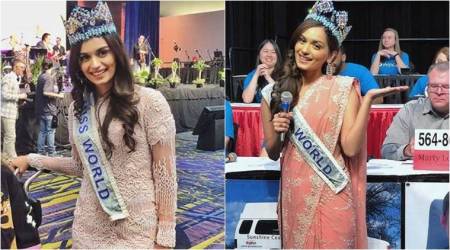Manushi Chhillar, Manushi Chhillar latest photos, Manushi Chhillar fashion, Manushi Chhillar Anita Dongre sari, Manushi Chhillar Variety Telethon Iowa, indian express, indian express news