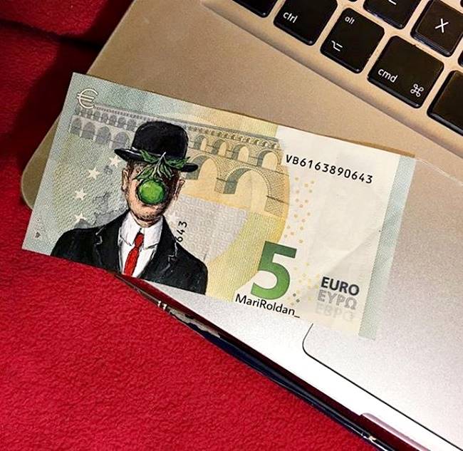 Mari Roldan, Mari Roldan instagram, Mari Roldan artist, Artist Mari Roldan recreates famous paintings using money, paintings on currency notes