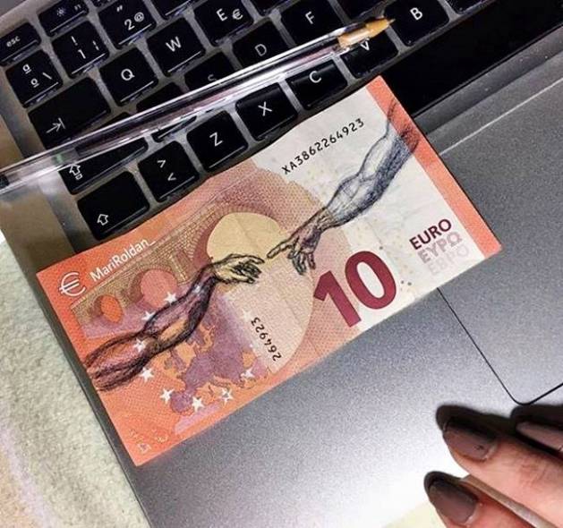 Mari Roldan, Mari Roldan instagram, Mari Roldan artist, Artist Mari Roldan recreates famous paintings using money, paintings on currency notes