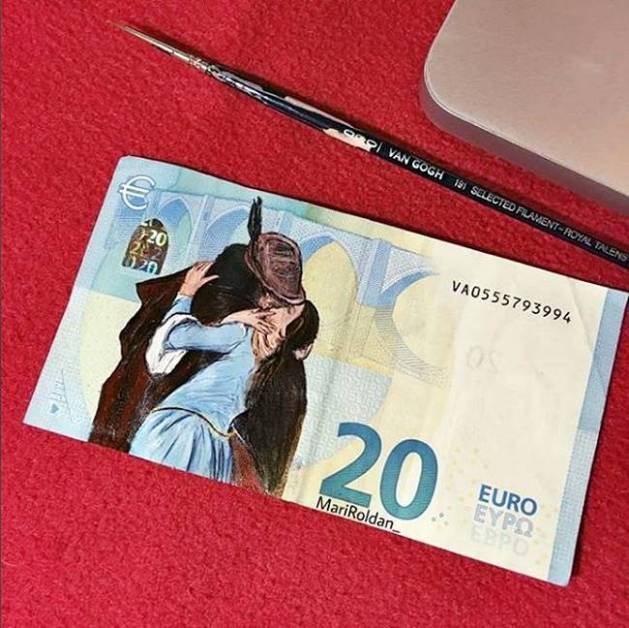 Mari Roldan, Mari Roldan instagram, Mari Roldan artist, Artist Mari Roldan recreates famous paintings using money, paintings on currency notes
