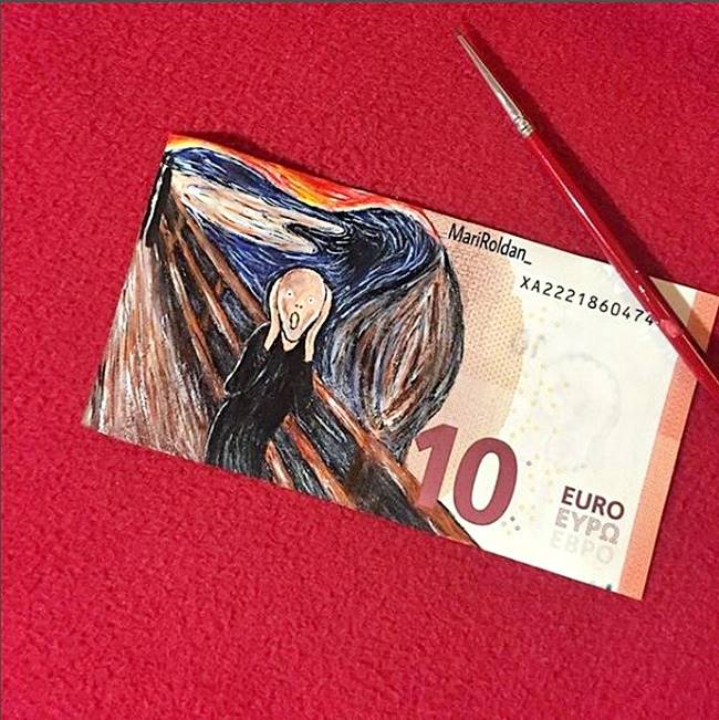 Mari Roldan, Mari Roldan instagram, Mari Roldan artist, Artist Mari Roldan recreates famous paintings using money, paintings on currency notes