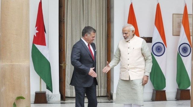 Prime minister narendra modi with King Abdullah II Ibn Al Hussein King of the Jordan at Hyderabad house. Express photo by Anil Sharma.