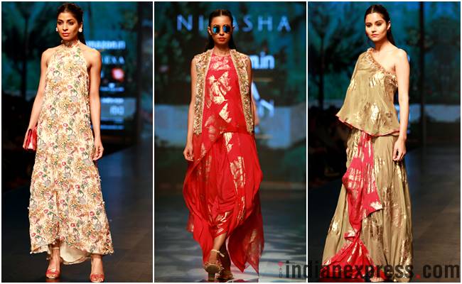 Amazon Fashion Week 2018, AIFW 2018, Bipasha Basu, Kartik Aaryan, Malini Ramani, Nikasha, Nitin Bal Chauhan, Rahul Singh, Pallavi Mohan, Rohit Kamra, Kommal and Ratul Sood, Vineet Bahl, Saaj by Ankita, Pawan Sachdeva, Pearl Academy, Amazon Fashion Week Karishma Sondhi, Karishma Sondhi latest designs, Karishma Sondhi Autumn winter collection, indian express, indian express news