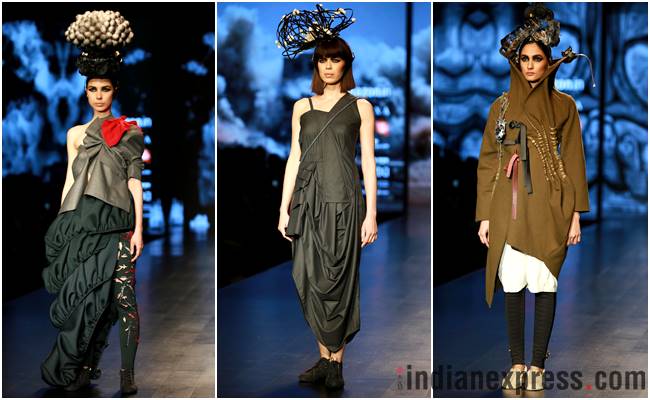 Amazon Fashion Week 2018, AIFW 2018, Bipasha Basu, Kartik Aaryan, Malini Ramani, Nikasha, Nitin Bal Chauhan, Rahul Singh, Pallavi Mohan, Rohit Kamra, Kommal and Ratul Sood, Vineet Bahl, Saaj by Ankita, Pawan Sachdeva, Pearl Academy, Amazon Fashion Week Karishma Sondhi, Karishma Sondhi latest designs, Karishma Sondhi Autumn winter collection, indian express, indian express news