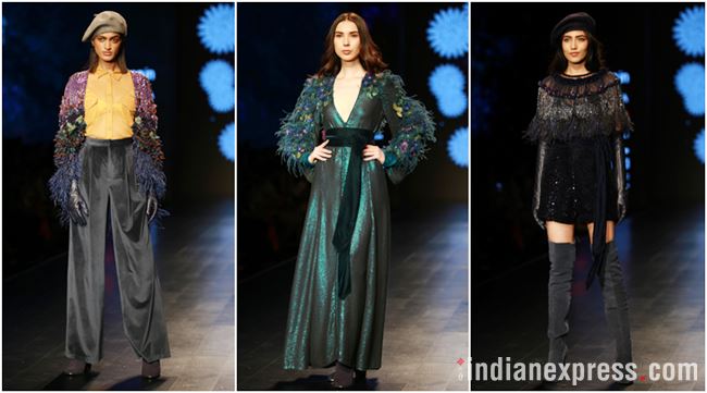 Amazon Fashion Week 2018, AIFW 2018, Bipasha Basu, Kartik Aaryan, Rahul Singh, Pallavi Mohan, Rohit Kamra, Kommal and Ratul Sood, Vineet Bahl, Saaj by Ankita, Pawan Sachdeva, Pearl Academy, Amazon Fashion Week Karishma Sondhi, Karishma Sondhi latest designs, Karishma Sondhi Autumn winter collection, indian express, indian express news