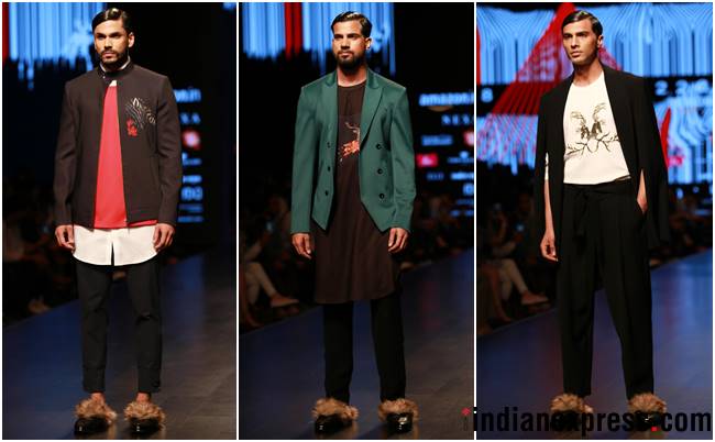 Amazon Fashion Week 2018, AIFW 2018, Bipasha Basu, Kartik Aaryan, Rahul Singh, Saaj by Ankita, Pawan Sachdeva, Pearl Academy, Amazon Fashion Week Karishma Sondhi, Karishma Sondhi latest designs, Karishma Sondhi Autumn winter collection, indian express, indian express news