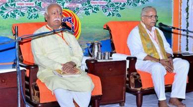 Mohan Bhagwat with Sarkaryawah Suresh Bhaiyyaji Joshi during an RSS meeting at Keshav Dham, Vrindavan, last year. (File)