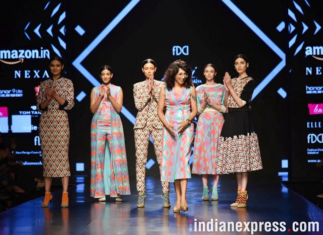 Amazon Fashion Week 2018, AIFW 2018, Bipasha Basu, Kartik Aaryan, Rahul Singh, Pallavi Mohan, Rohit Kamra, Kommal and Ratul Sood, Vineet Bahl, Saaj by Ankita, Pawan Sachdeva, Pearl Academy, Amazon Fashion Week Karishma Sondhi, Karishma Sondhi latest designs, Karishma Sondhi Autumn winter collection, indian express, indian express news