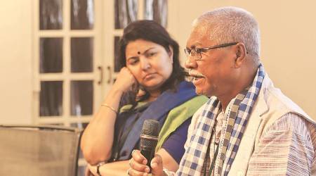 Manoranjan Byapari (right) and his translator Sipra Mukherjee (Express Photo by Abhinav Saha) 