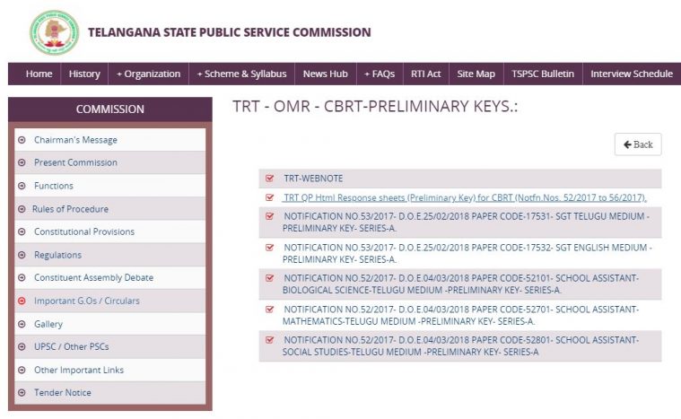 TSPSC TRT answer keys, TSPS teacher recruitment answer keys, tspsc.gov.in