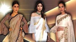 trumpet sleeves, Esha Gupta, Esha Gupta latest photos, Esha Gupta fashion, Esha Gupta sari, Esha Gupta trumoet sleeves, Esha Gupta ethnic fashion, Shilpa Shetty trumpet sleeves, Shilpa shetty saris, Shruti Haasan saris, Shruti Haasan trumpet sleeves, indian express, indian express news