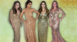 Shilpa Shetty Kundra, Shilpa Shetty Kundra latest photos, Shilpa Shetty Kundra fashion, Shilpa Shetty Kundra golden sari, Shilpa Shetty Kundra Tarun Tahiliani, Gauri Khan golden gown, Gauri Khan Monisha Jaising, Shweta Bachchan Abu Jani Sandeep Khosla golden gown, indian express, indian express news