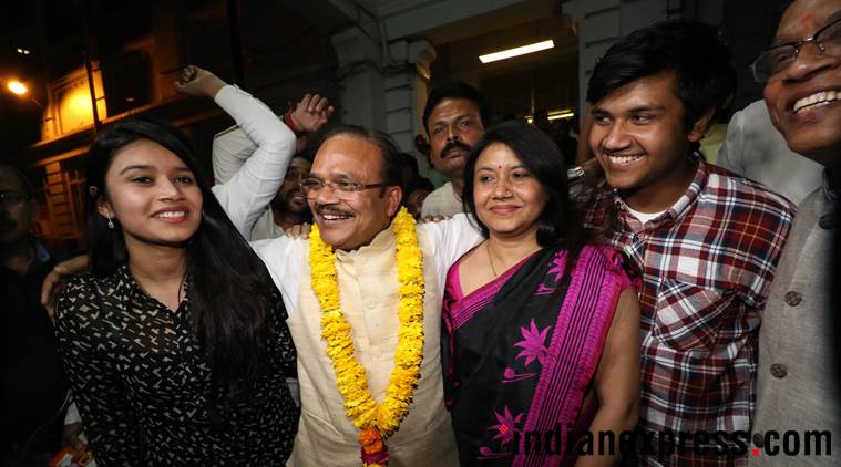 BJP candidate Anil Jain celebrates his victory with his family. (Express photo/Vishal Srivastav)