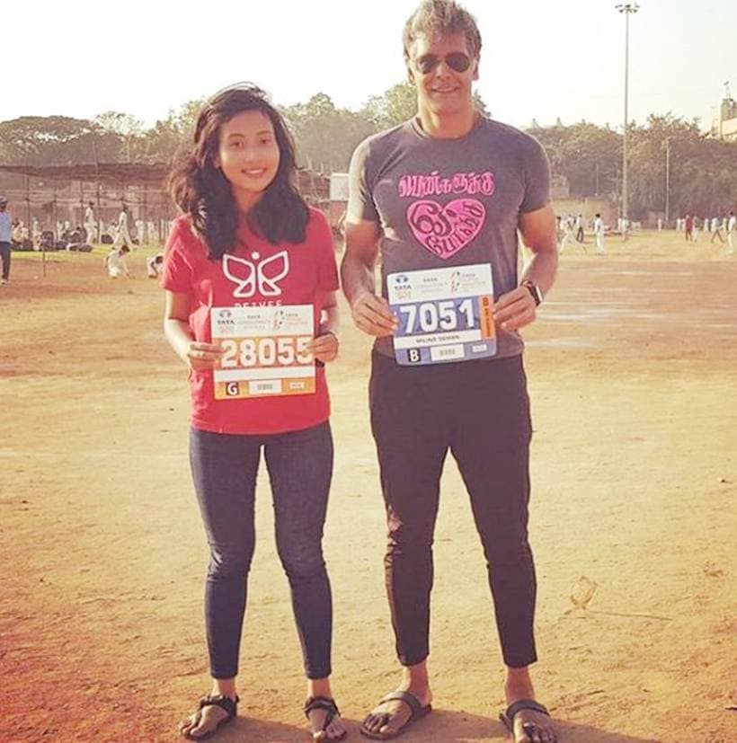 milind soman and ankita konwar during a pinkathon marathon