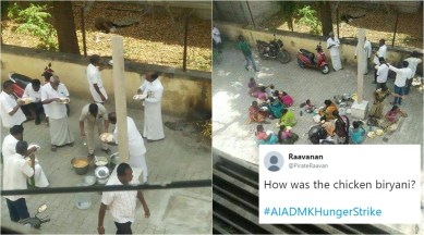 AIADMK Hunger strike, aiadmk strike, aiadmk latest updates, aiadmk chicken biryani hunger strike, aiadmk chicken biryani tomato rice hunger strike, AIADMK eating during strike video viral, Indian Express, Indian Express News