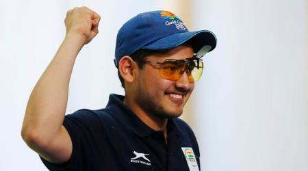 Shooting - Gold Coast 2018 Commonwealth Games - Men's 25m Rapid Fire Pistol - Finals - Belmont Shooting Centre - Brisbane, Australia - April 13, 2018. Anish of India celebrates his win. REUTERS/Eddie Safarik