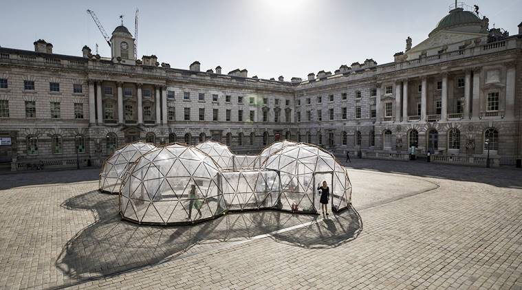 pods simulate air quality, pollution pods, pods to depict pollution, pollution pods art installation Michael Pinsky,Michael Pinsky art installation, indian express, indian express