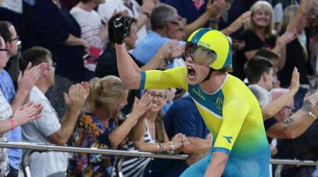 Australia's Jordan Kerby celebrate after winning gold at the Men's 4000m Team Pursuit at the Anna Meares Velodrome during the 2018 Commonwealth Games in Brisbane, Australia, Thursday, April 5, 2018. (AP Photo/Tertius Pickard)