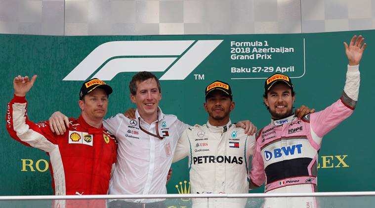 Lewis Hamilton, Kimi Raikkonen and Sergio Perez on podium at Azerbaijan Grand Prix