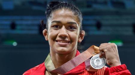 Gold Coast: India's Babita Kumari wins silver medal in the Womens Freestyle 53 kg Nordic final match played against Canada's Diana Weicker at the Commonwealth Games 2018 in Gold Coast, on Thursday. PTI Photo by Manvender Vashist(PTI4_12_2018_000187B)