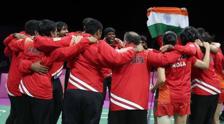 Badminton - Gold Coast 2018 Commonwealth Games - Mixed Team Medal Ceremony - Carrara Sports Arena 2 - Gold Coast, Australia - April 9, 2018. Team India celebrates winning a gold medal. REUTERS/Athit Perawongmetha