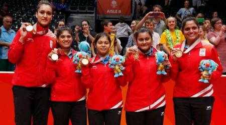 Table Tennis - Gold Coast 2018 Commonwealth Games - Women's Team Medal Ceremony - Oxenford Studios - Gold Coast, Australia - April 8, 2018 - Gold medalist Team India poses with medals. REUTERS/Jeremy Lee