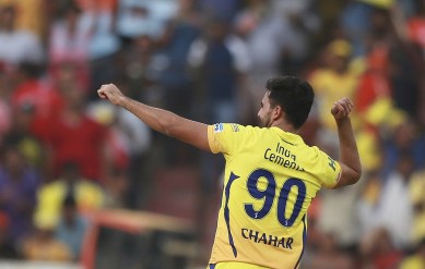 Chennai Super Kings' Deepak Chahar celebrates a wicket against Sunrisers Hyderabad in IPL 2018