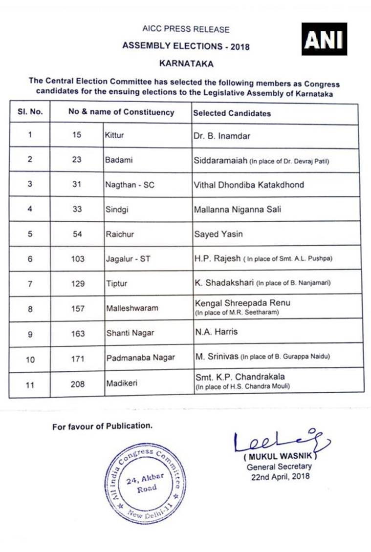 Karnataka polls: Congress releases second list, replaces six candidates