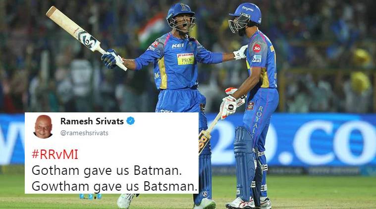 ipl, rr vs mi, rajasthan royals vs mumbai indians live,gowtham performance, twitter reaction, indian express, indian express news