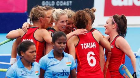 Hockey - Gold Coast 2018 Commonwealth Games -  Women's Bronze Medal Match - England v India - Gold Coast Hockey Centre - Gold Coast, Australia - April 14, 2018. Sophie Bray of England celebrates scoring their second goal with teammates. REUTERS/David Gray