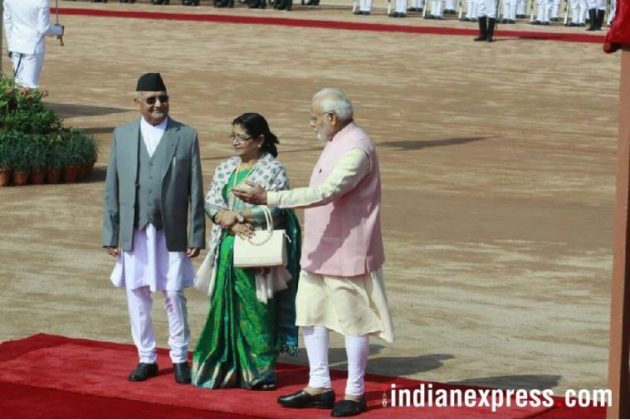 kp oli photos, nepal pm pictures, pm modi images, rashtrapati bhawan pics, oli ceremonial welcome photo, kp oli wife images, indian express